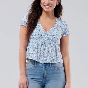 Hollister Blue Floral Tie-Back Babydoll Crop Top